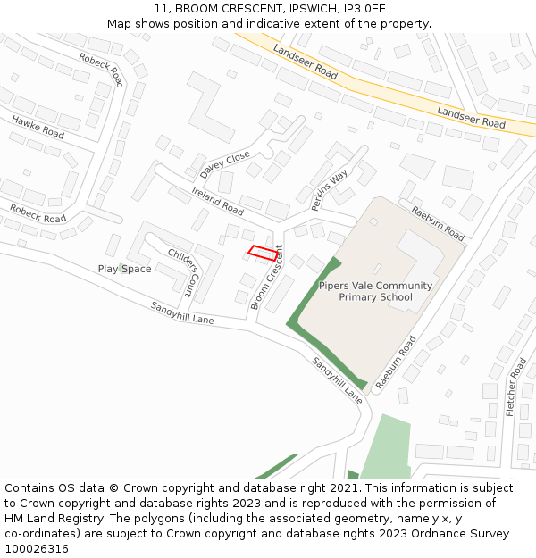 11, BROOM CRESCENT, IPSWICH, IP3 0EE: Location map and indicative extent of plot
