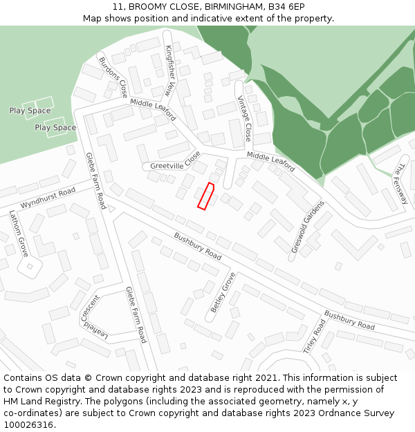 11, BROOMY CLOSE, BIRMINGHAM, B34 6EP: Location map and indicative extent of plot