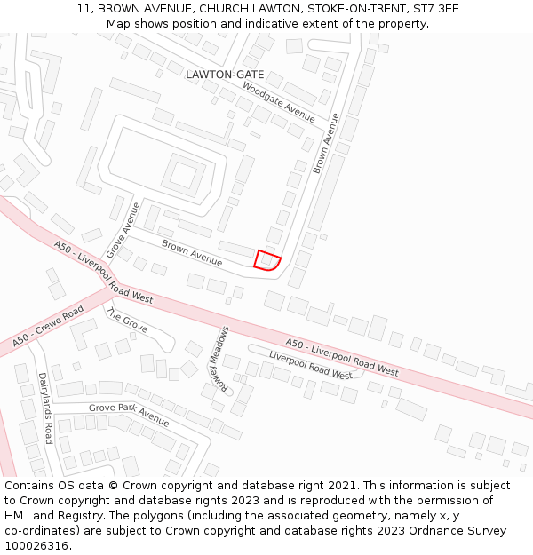 11, BROWN AVENUE, CHURCH LAWTON, STOKE-ON-TRENT, ST7 3EE: Location map and indicative extent of plot