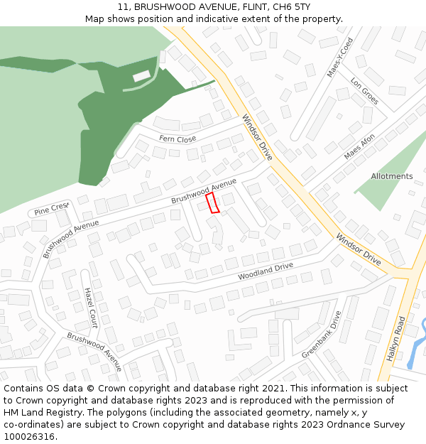 11, BRUSHWOOD AVENUE, FLINT, CH6 5TY: Location map and indicative extent of plot