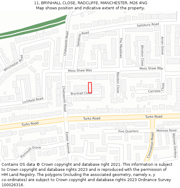 11, BRYNHALL CLOSE, RADCLIFFE, MANCHESTER, M26 4NG: Location map and indicative extent of plot
