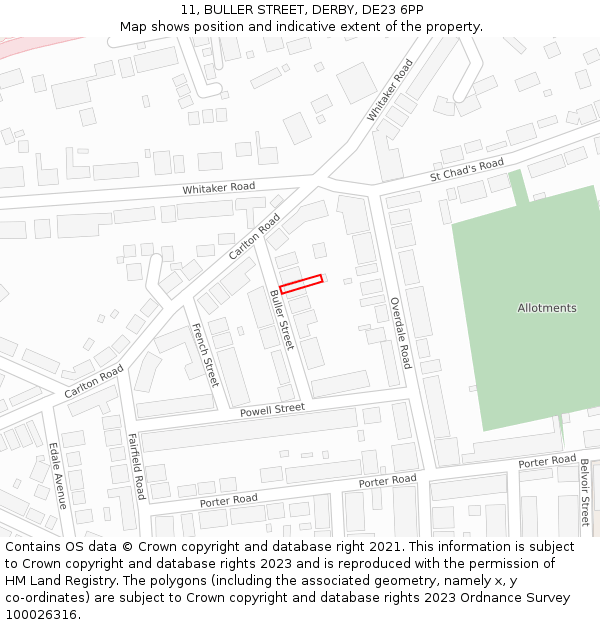 11, BULLER STREET, DERBY, DE23 6PP: Location map and indicative extent of plot