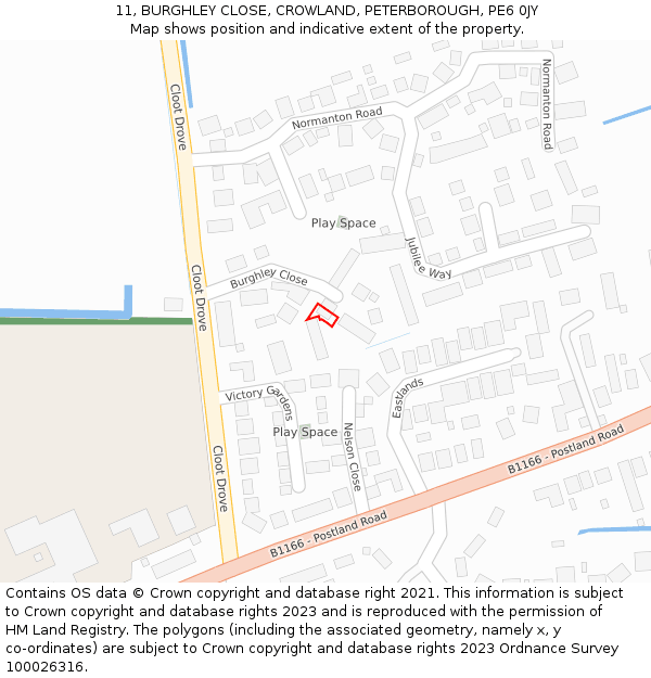 11, BURGHLEY CLOSE, CROWLAND, PETERBOROUGH, PE6 0JY: Location map and indicative extent of plot