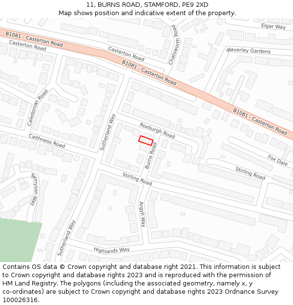 11, BURNS ROAD, STAMFORD, PE9 2XD: Location map and indicative extent of plot
