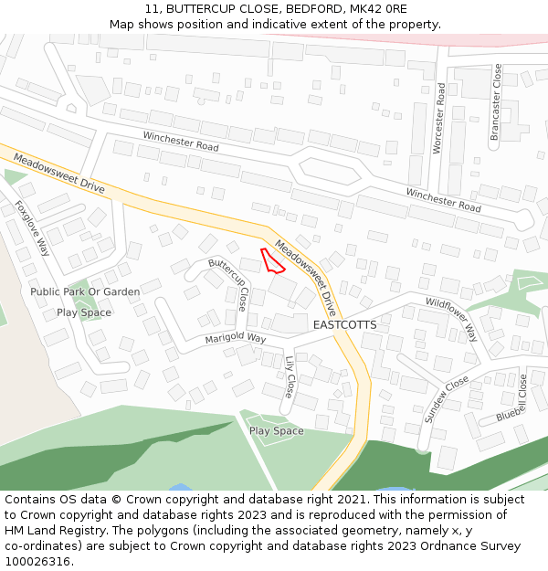 11, BUTTERCUP CLOSE, BEDFORD, MK42 0RE: Location map and indicative extent of plot