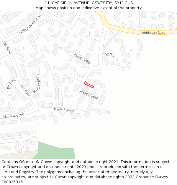 11, CAE MELIN AVENUE, OSWESTRY, SY11 2US: Location map and indicative extent of plot