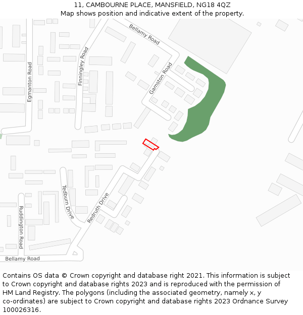11, CAMBOURNE PLACE, MANSFIELD, NG18 4QZ: Location map and indicative extent of plot