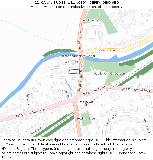 11, CANAL BRIDGE, WILLINGTON, DERBY, DE65 6BQ: Location map and indicative extent of plot