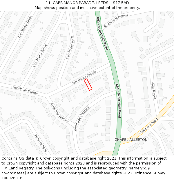 11, CARR MANOR PARADE, LEEDS, LS17 5AD: Location map and indicative extent of plot