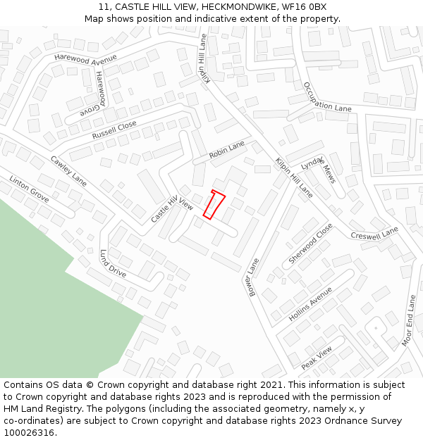 11, CASTLE HILL VIEW, HECKMONDWIKE, WF16 0BX: Location map and indicative extent of plot