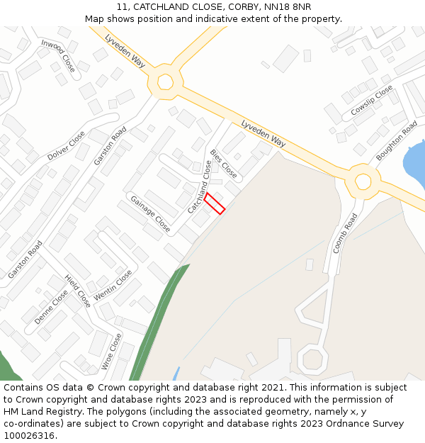 11, CATCHLAND CLOSE, CORBY, NN18 8NR: Location map and indicative extent of plot