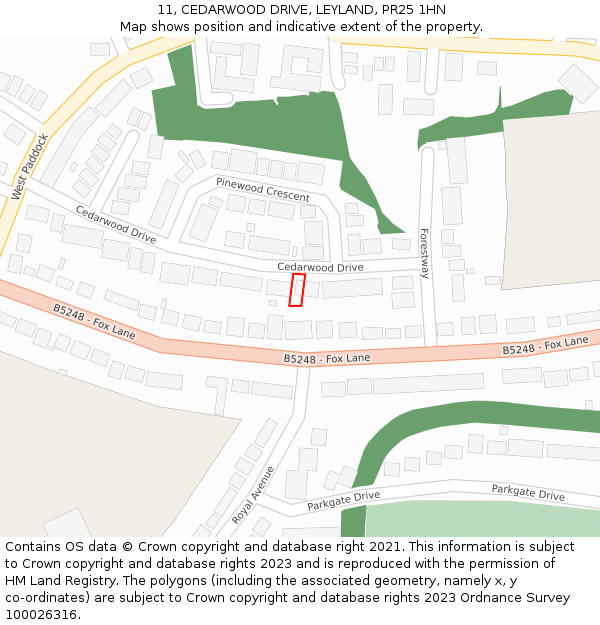11, CEDARWOOD DRIVE, LEYLAND, PR25 1HN: Location map and indicative extent of plot