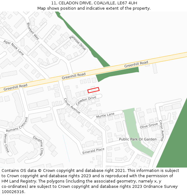 11, CELADON DRIVE, COALVILLE, LE67 4UH: Location map and indicative extent of plot