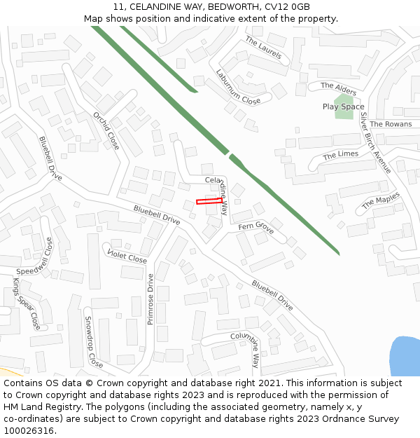 11, CELANDINE WAY, BEDWORTH, CV12 0GB: Location map and indicative extent of plot