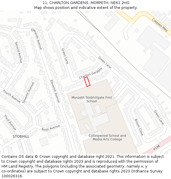 11, CHARLTON GARDENS, MORPETH, NE61 2HG: Location map and indicative extent of plot