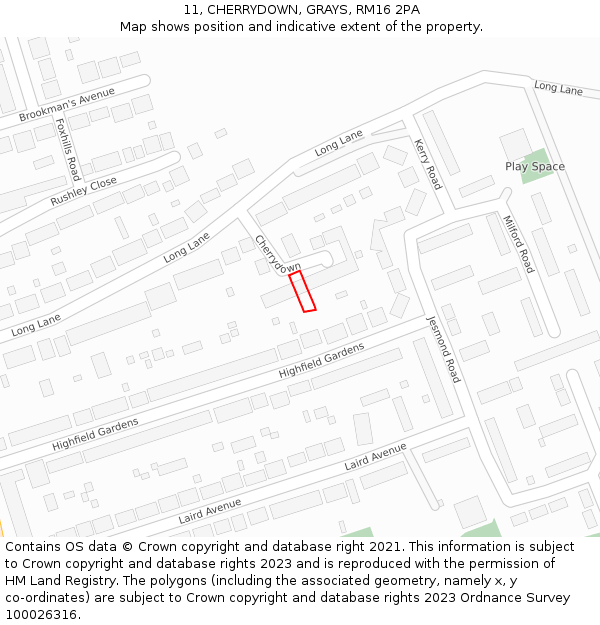 11, CHERRYDOWN, GRAYS, RM16 2PA: Location map and indicative extent of plot