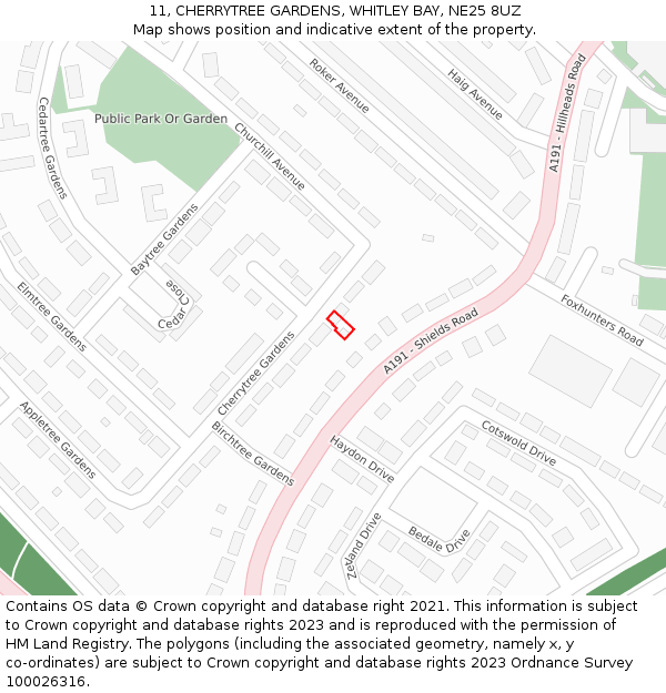 11, CHERRYTREE GARDENS, WHITLEY BAY, NE25 8UZ: Location map and indicative extent of plot