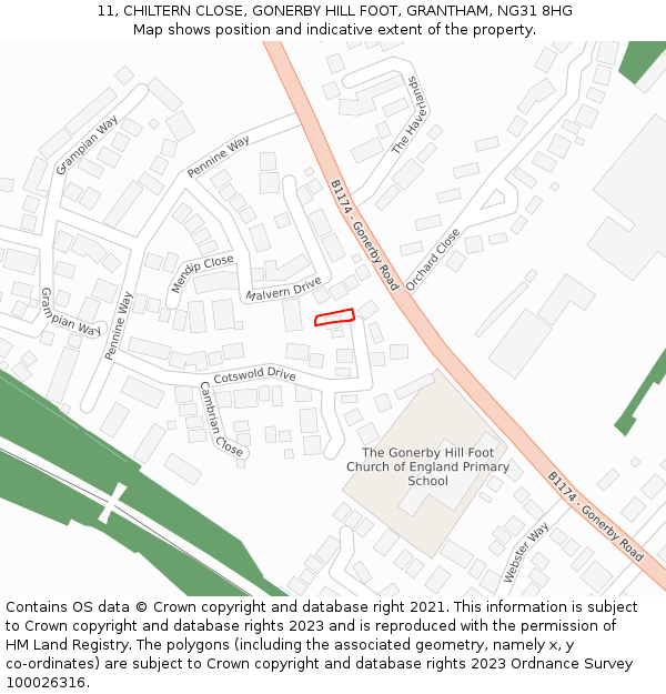 11, CHILTERN CLOSE, GONERBY HILL FOOT, GRANTHAM, NG31 8HG: Location map and indicative extent of plot