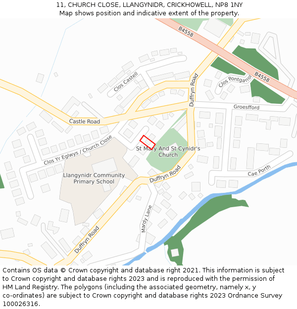 11, CHURCH CLOSE, LLANGYNIDR, CRICKHOWELL, NP8 1NY: Location map and indicative extent of plot