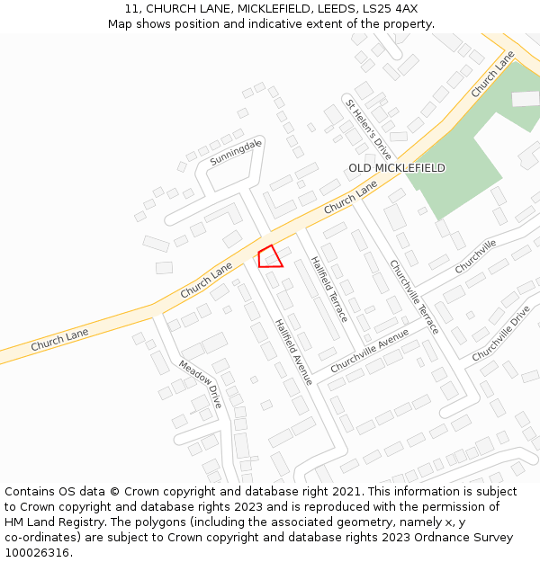 11, CHURCH LANE, MICKLEFIELD, LEEDS, LS25 4AX: Location map and indicative extent of plot