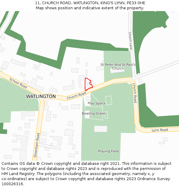 11, CHURCH ROAD, WATLINGTON, KING'S LYNN, PE33 0HE: Location map and indicative extent of plot