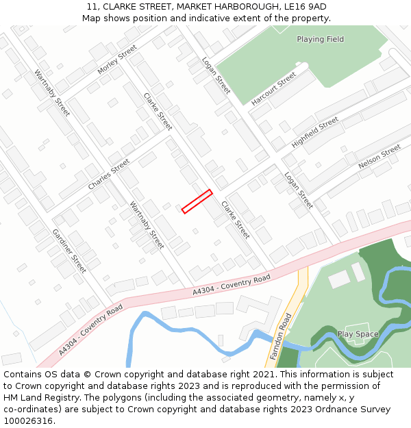 11, CLARKE STREET, MARKET HARBOROUGH, LE16 9AD: Location map and indicative extent of plot