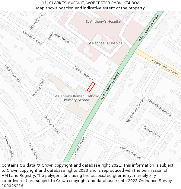 11, CLARKES AVENUE, WORCESTER PARK, KT4 8QA: Location map and indicative extent of plot