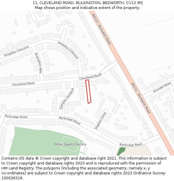 11, CLEVELAND ROAD, BULKINGTON, BEDWORTH, CV12 9PJ: Location map and indicative extent of plot