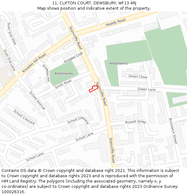 11, CLIFTON COURT, DEWSBURY, WF13 4RJ: Location map and indicative extent of plot