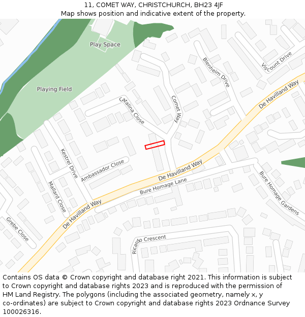 11, COMET WAY, CHRISTCHURCH, BH23 4JF: Location map and indicative extent of plot