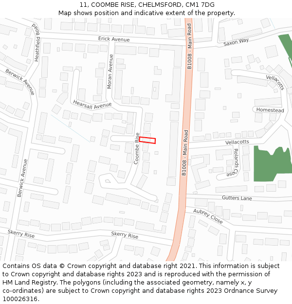 11, COOMBE RISE, CHELMSFORD, CM1 7DG: Location map and indicative extent of plot