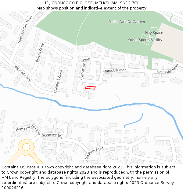 11, CORNCOCKLE CLOSE, MELKSHAM, SN12 7GL: Location map and indicative extent of plot