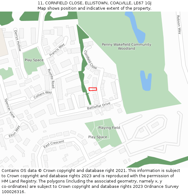 11, CORNFIELD CLOSE, ELLISTOWN, COALVILLE, LE67 1GJ: Location map and indicative extent of plot