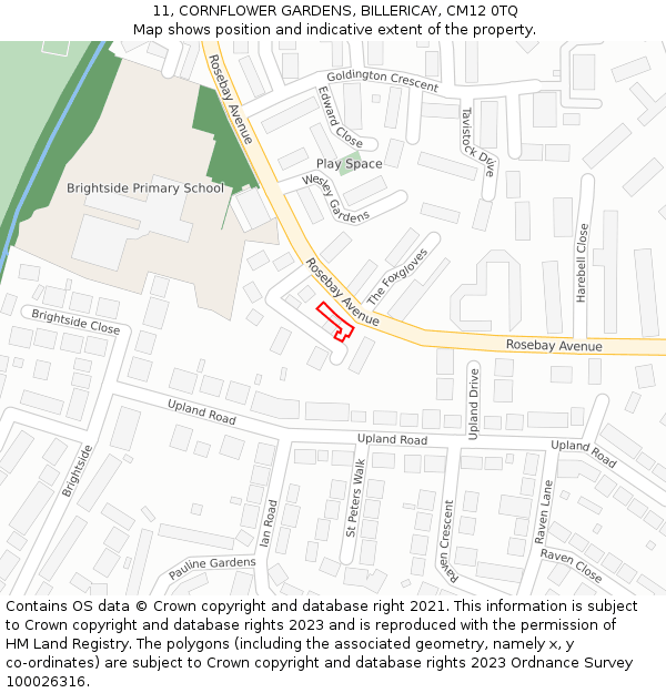 11, CORNFLOWER GARDENS, BILLERICAY, CM12 0TQ: Location map and indicative extent of plot