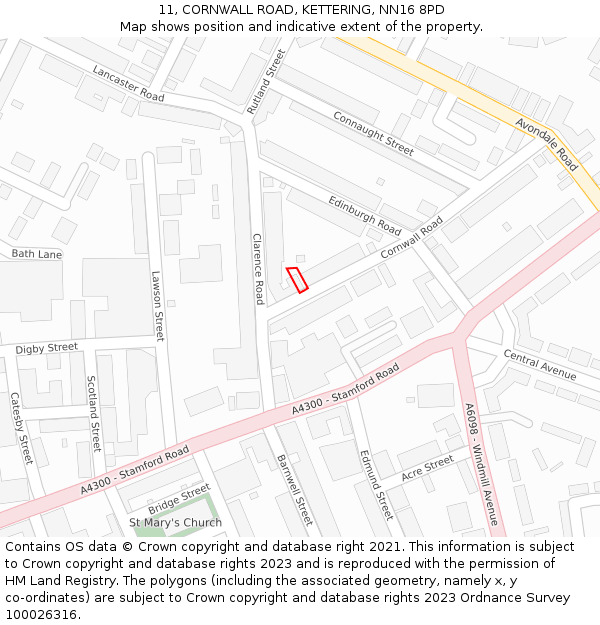 11, CORNWALL ROAD, KETTERING, NN16 8PD: Location map and indicative extent of plot