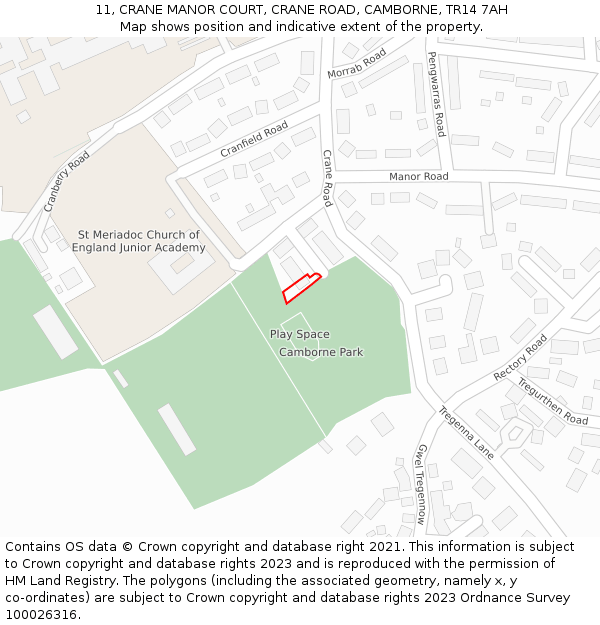 11, CRANE MANOR COURT, CRANE ROAD, CAMBORNE, TR14 7AH: Location map and indicative extent of plot