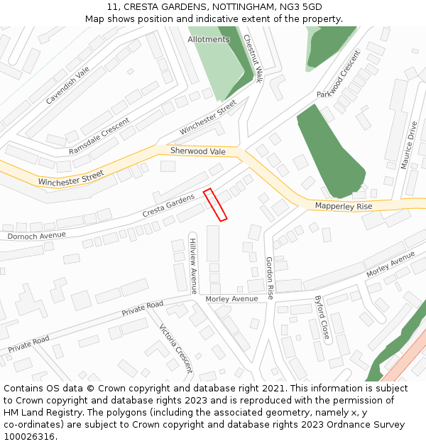 11, CRESTA GARDENS, NOTTINGHAM, NG3 5GD: Location map and indicative extent of plot