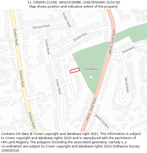 11, CRISPIN CLOSE, WINCHCOMBE, CHELTENHAM, GL54 5JY: Location map and indicative extent of plot