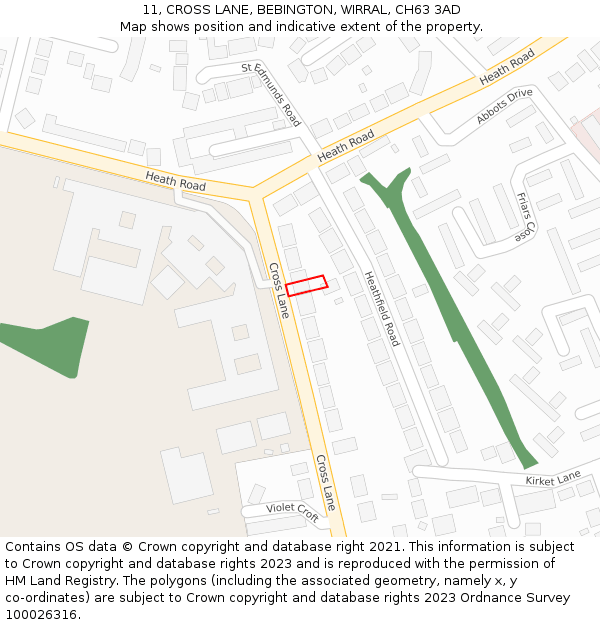 11, CROSS LANE, BEBINGTON, WIRRAL, CH63 3AD: Location map and indicative extent of plot