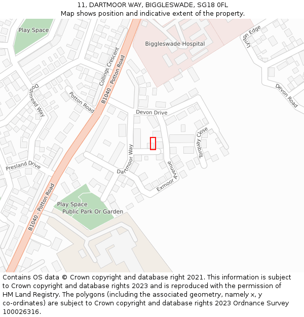11, DARTMOOR WAY, BIGGLESWADE, SG18 0FL: Location map and indicative extent of plot