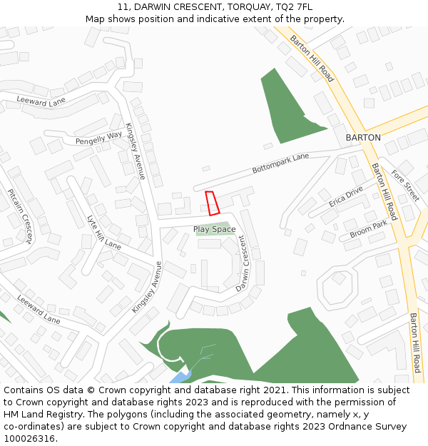11, DARWIN CRESCENT, TORQUAY, TQ2 7FL: Location map and indicative extent of plot