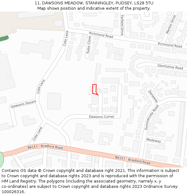 11, DAWSONS MEADOW, STANNINGLEY, PUDSEY, LS28 5TU: Location map and indicative extent of plot