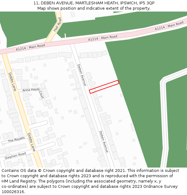 11, DEBEN AVENUE, MARTLESHAM HEATH, IPSWICH, IP5 3QP: Location map and indicative extent of plot