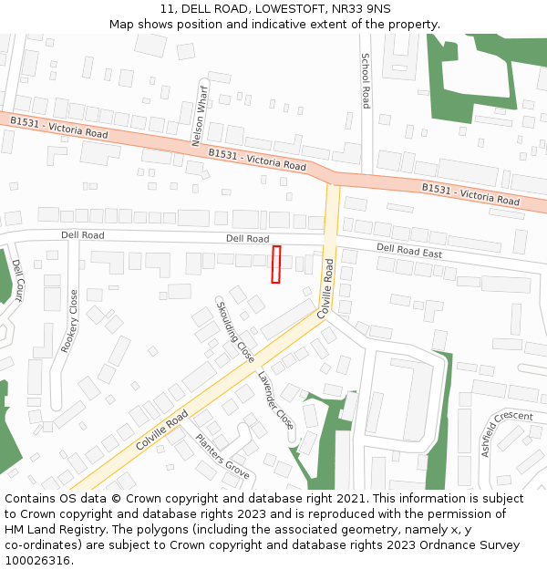 11, DELL ROAD, LOWESTOFT, NR33 9NS: Location map and indicative extent of plot