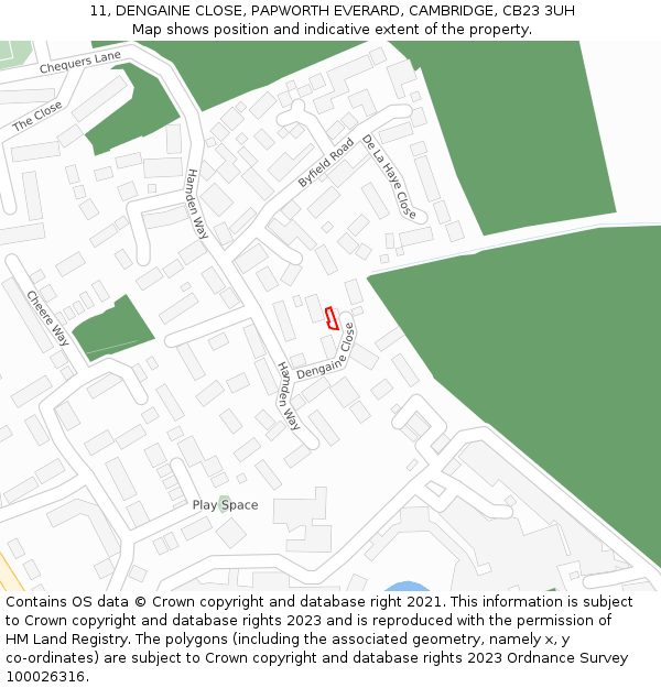 11, DENGAINE CLOSE, PAPWORTH EVERARD, CAMBRIDGE, CB23 3UH: Location map and indicative extent of plot