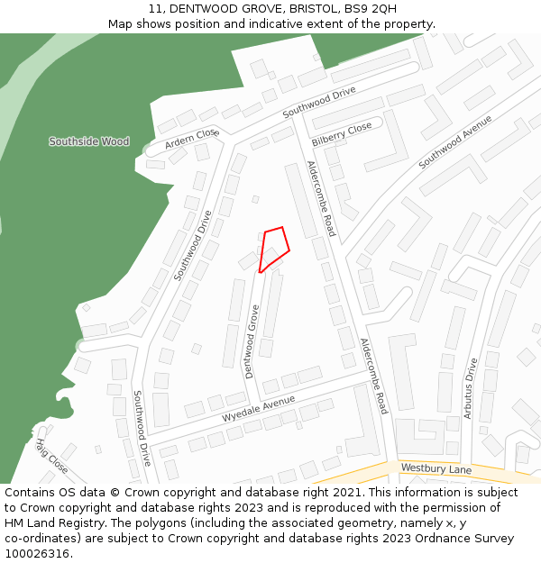 11, DENTWOOD GROVE, BRISTOL, BS9 2QH: Location map and indicative extent of plot