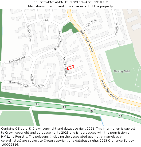 11, DERWENT AVENUE, BIGGLESWADE, SG18 8LY: Location map and indicative extent of plot
