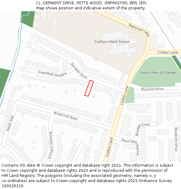 11, DERWENT DRIVE, PETTS WOOD, ORPINGTON, BR5 1EN: Location map and indicative extent of plot