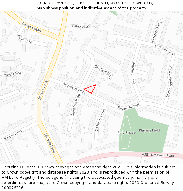 11, DILMORE AVENUE, FERNHILL HEATH, WORCESTER, WR3 7TQ: Location map and indicative extent of plot