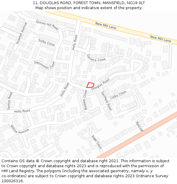 11, DOUGLAS ROAD, FOREST TOWN, MANSFIELD, NG19 0LT: Location map and indicative extent of plot